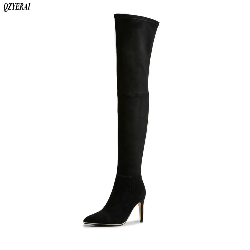 

2020 New autumn/winter women Knee-high boots deerskin Elastic bodice boots for women European brand knight boots High heels