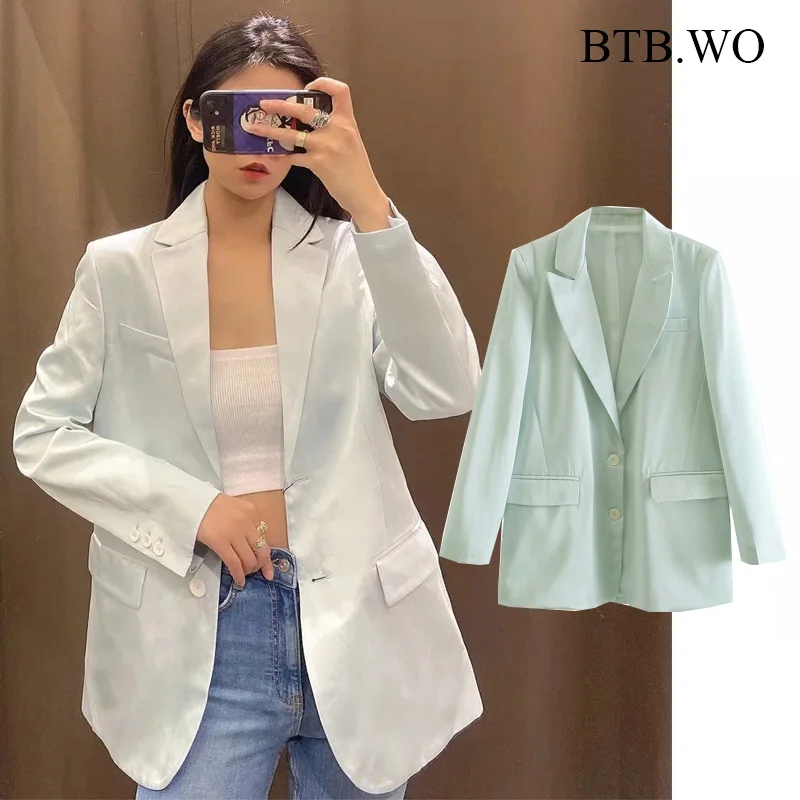

BTB.WO Women Za 2021 Fashion Office Wear Single Button Blazer Coat Vintage Long Sleeve Female Outerwear Chic Veste Femme