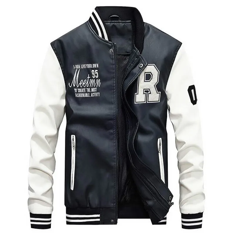 Brand Embroidery Baseball Jackets Men Stand Moto Biker Leather Jacket Men Casual Fleece Thicken Faux Leather Coat M-4XL