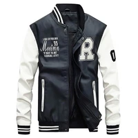brand embroidery baseball jackets men stand moto biker leather jacket men casual fleece thicken faux leather coat m 4xl