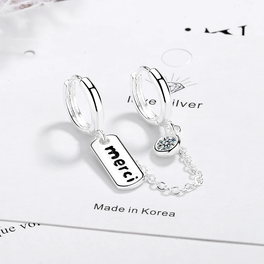 ANENJERY 925 Sterling Silver 1PC Punk Double Ear Hole Letter &quotMerci" Hoop Earring With Cubic Zircon Earrings For Women S-E962 |