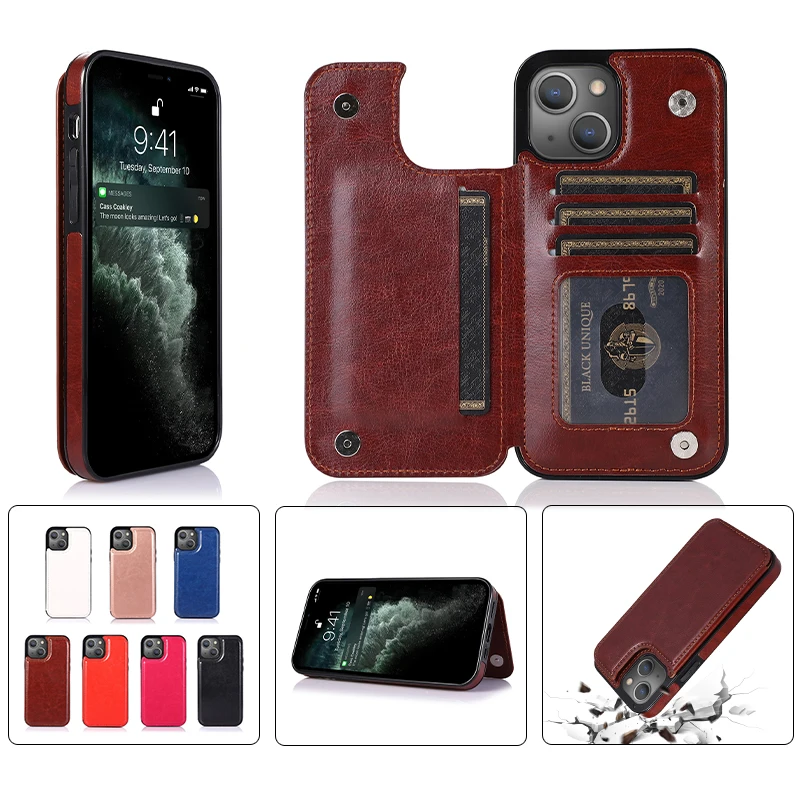 

Solid Color Flip Magnetic Purse Leather Case For iPhone 13 Pro Max Mini Fashion Wallet Card Slot Bracket Cover Shockproof Cases