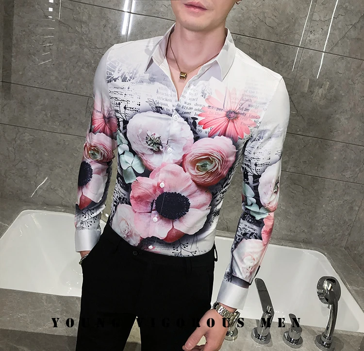 

Men's Sasanqua Print Long Sleeve Shirts 2021 Spring New Vintage Slim Fit Formal Shirt Casual Male Clothing Tops Camisas Homme