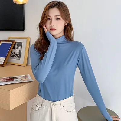 

2021 NEW FASHION WOMEN high round neck long sleeve tight-fitting T-shirt outer wear and inner wear