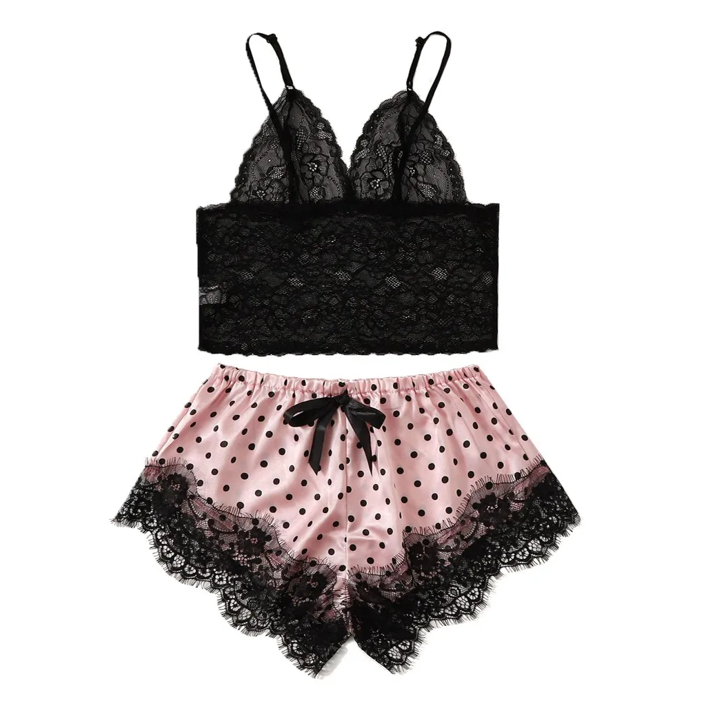 

nightgown pajamas set Women Satin Lace Silk Print Camisole Shorts Bow Set Sleepwear Pajamas Lingerie pijamas women