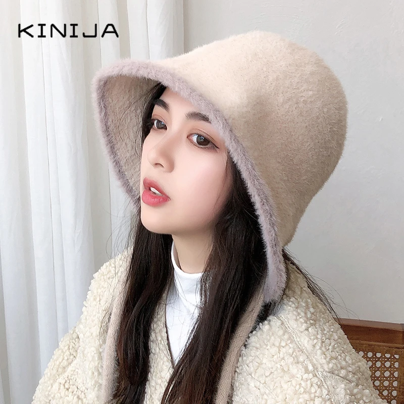Корейская женская вязаная меховая бандажная Рыбацкая шапка зимняя плотная