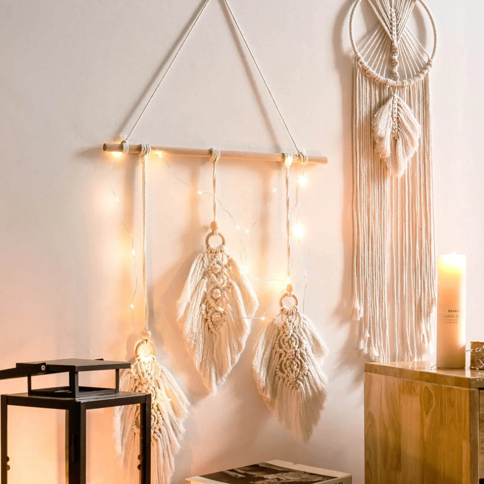 Мини гобелен с изображением листьев макраме стене висит в богемном стиле