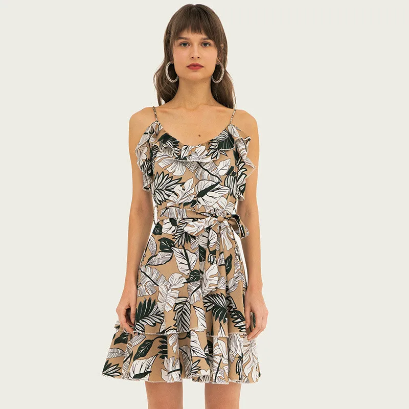 Женское богемное платье с оборками винтажное пляжное на бретелях-спагетти