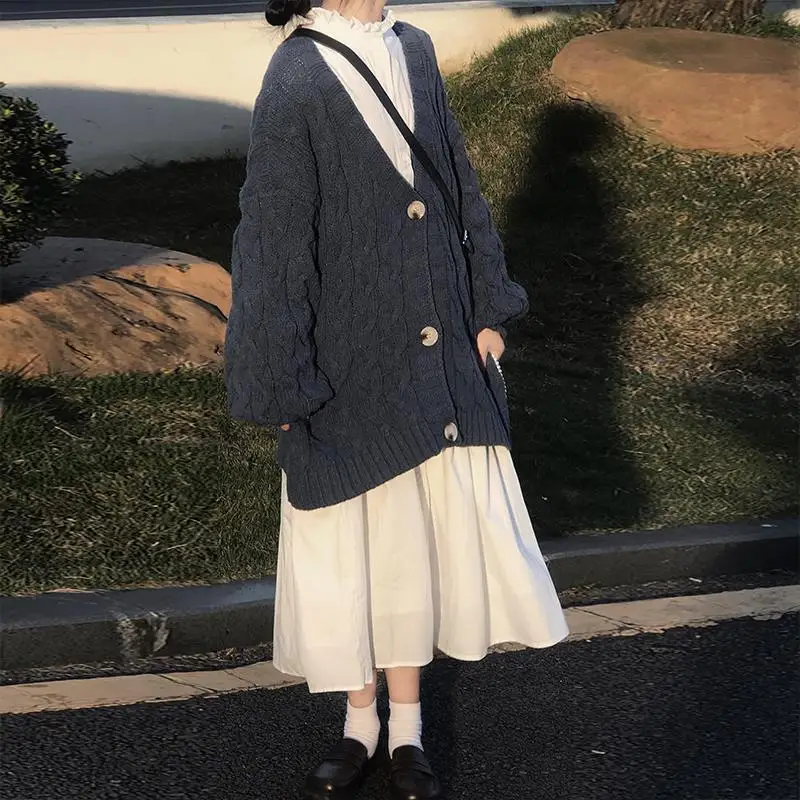 

Two Piece Set Women Autumn Winter New Long Thick Cardigan Coats Female Loose Solid Long Sleeve Dress Ladies Fashion Suits Y527