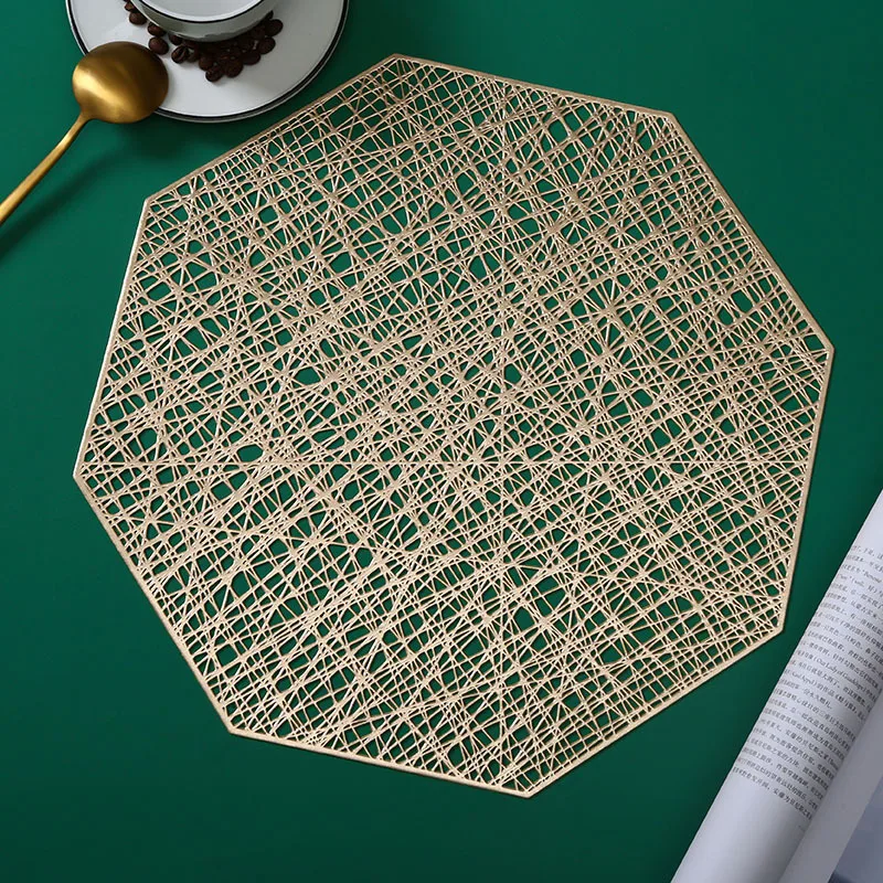 

6/4pcs PVC Placemats Cutout Hangable mat Octagonal Hollow Non Slip Dining Table Mats Coaster Home table Decoration Gold Placemat
