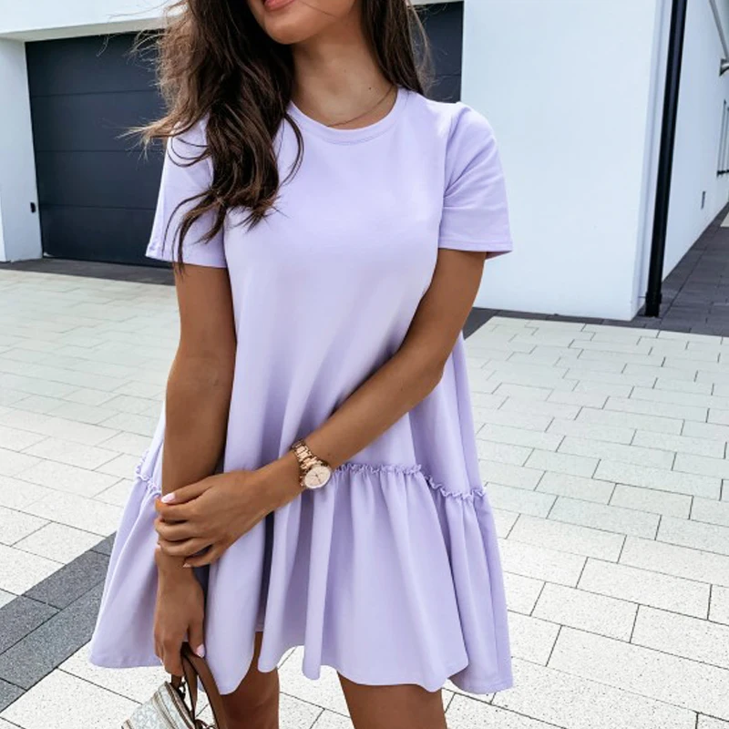 

Popular Summer Women's Solid Color Short Sleeve Loose Round Neck Ruffle Dress A-Line Vintage Mini Dress Elegant Women Dress