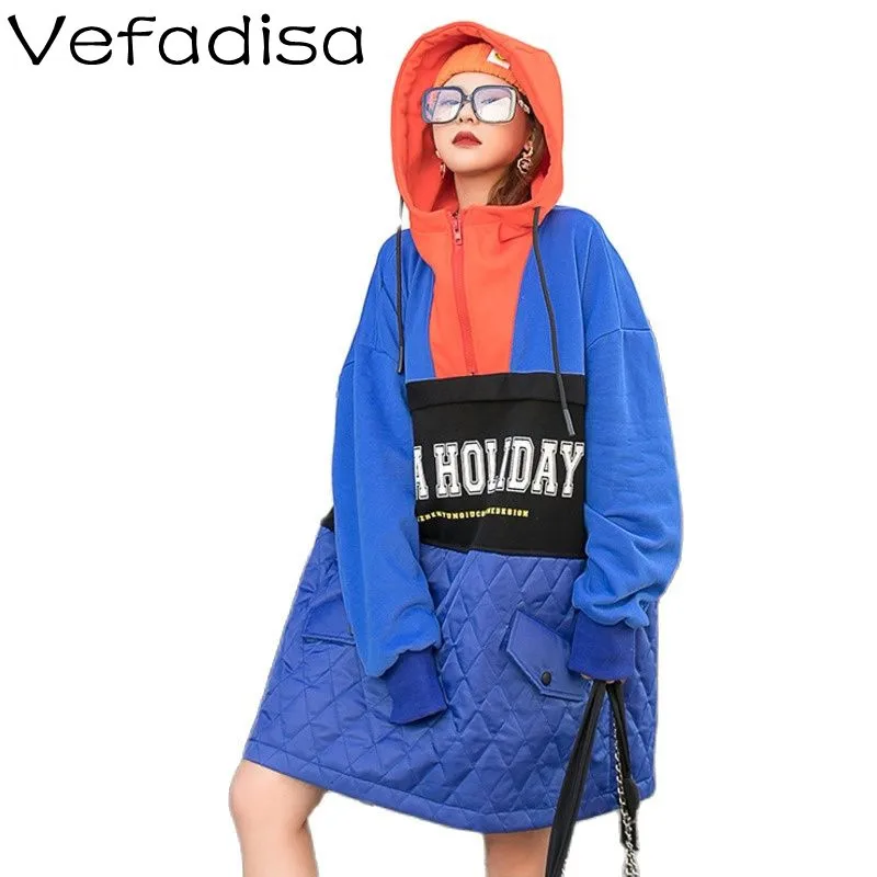 

Vefadisa Letter Print Contrast Stitching Fashion Sweatshirt 2022 Fall/Spring Quilted Fleece Hooded Mid-length Sweatshirt TT841