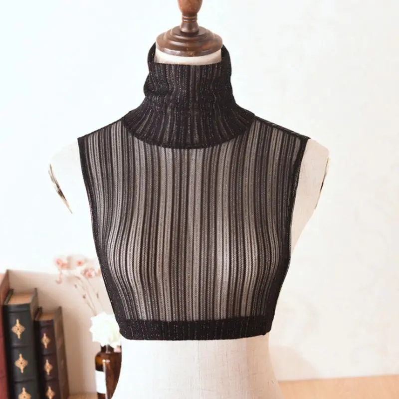 

Womens Sheer Mesh High Neck Fake Collar Glitter Stripes Detachable Half-Shirt