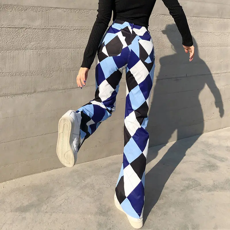 

European and American ins plaid printed casual pants 2021 spring and autumn new fashion high-waist slim straight-leg pants
