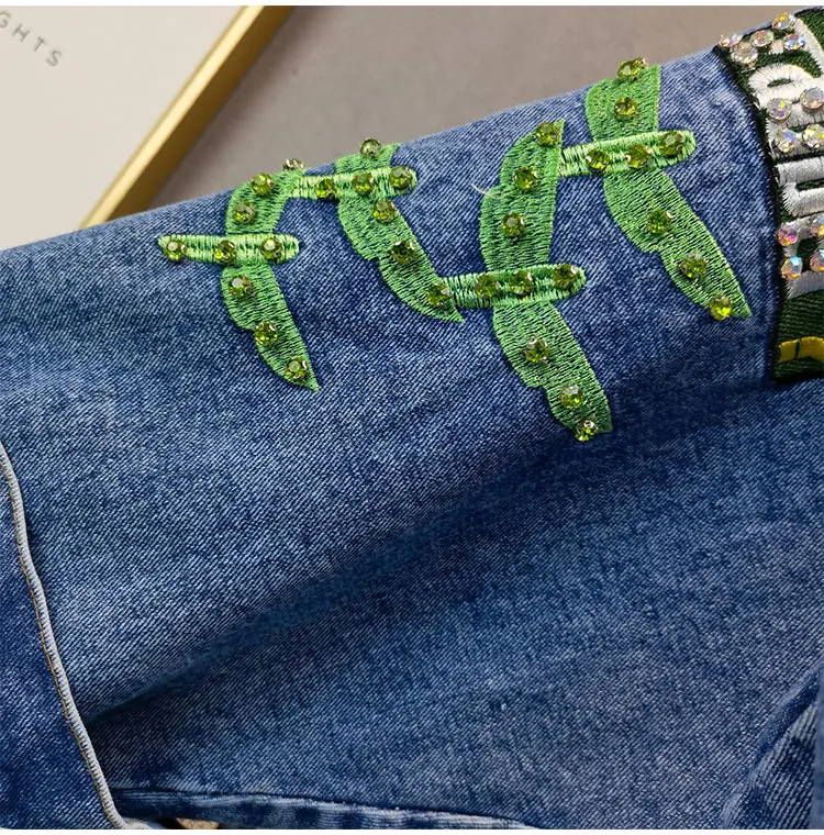 

Letter Embroidered Rhinestone Denim Coat for Women Trendy 2021 Spring Autumn New Large Size Loose Slimming Polo-neck Jacket