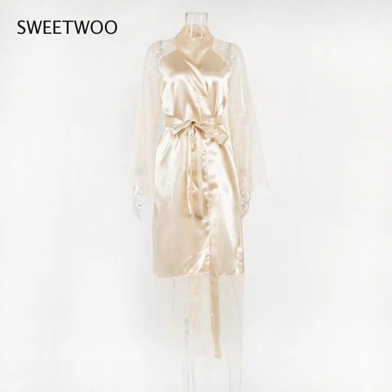 

Women's New Robe Satin Rayon Robe Fashion Lace Sexy Long Underwear Nightgown Belt Simulation Silk Robe