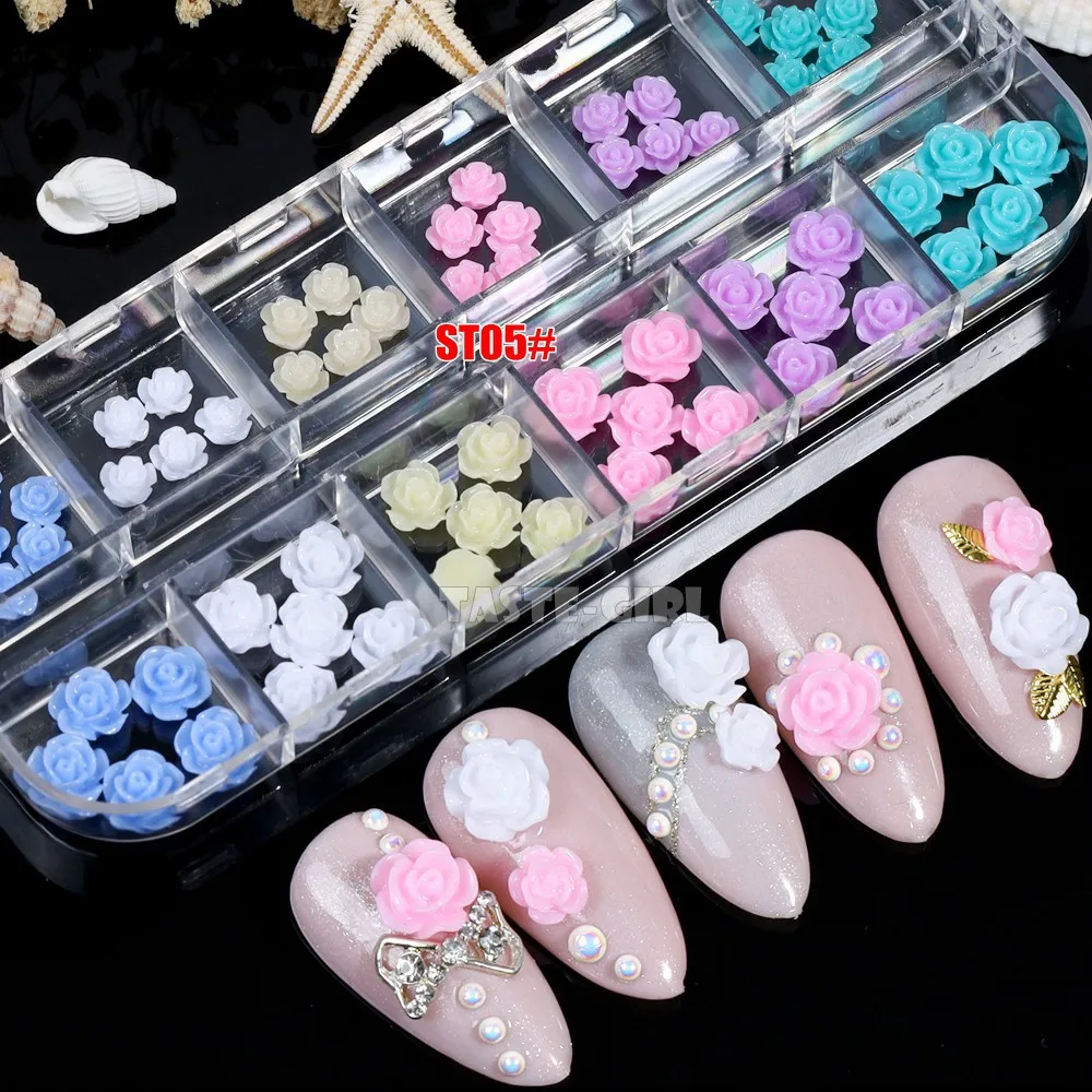 

60pcs/Box 3D Rose Imitation-Pearl Petal Flowers Arylic Bow Tie Nail Art Rhinestone Gems Decorations Manicure DIY Tips