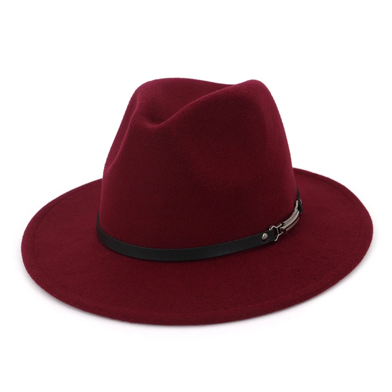 

2021 Autumn Winter Black Men Wool Fedora Hat Wide Brim Women Faux Woolen Ladies Fedoras Jazz Hat Belt Caps Bowler Felt Hats