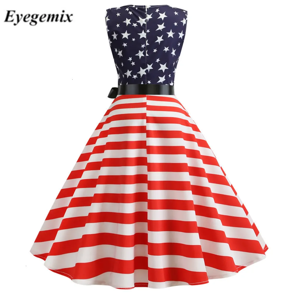 Fashion Summer Dress 2019 Robe Femme O-neck Stars Striped Printed Pinup Vintage 50s 60s Rockabilly Party Dresses Knee Length |