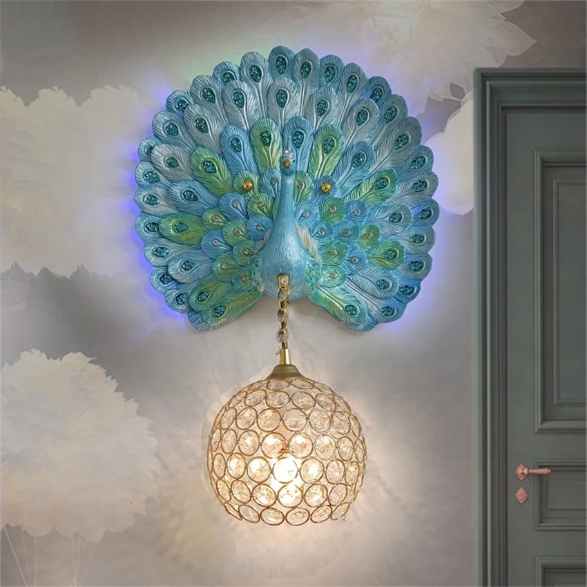 

French Pastoral Peacock Wall Lamps Modern Bedroom Bedside Crystal Lamp Living Room Corridor Aisle Balcony Decorative Wall Lights