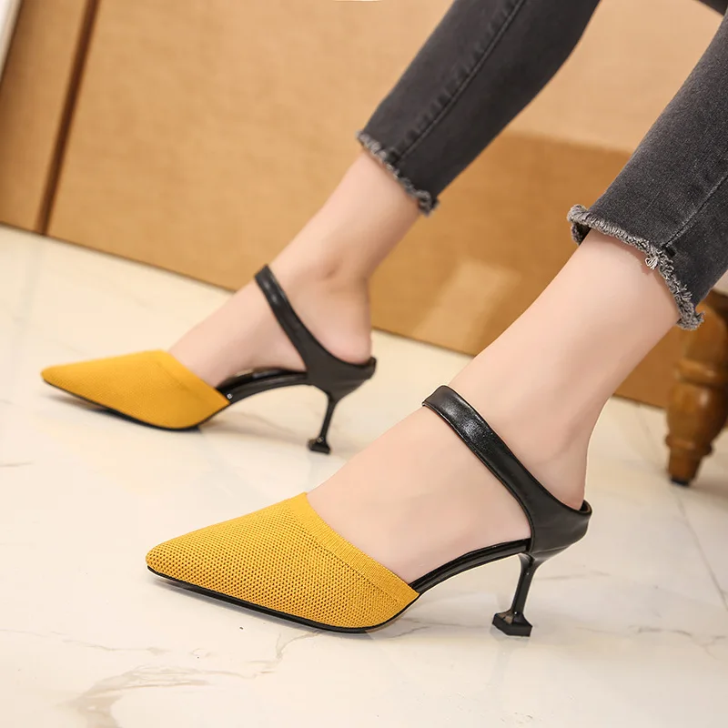 

Pointed Slippers Women Knitted Elastic Mesh High Heels Mixed Colors Party Shoes Thin Heel Shallow Slides Summer Shoes Large Size