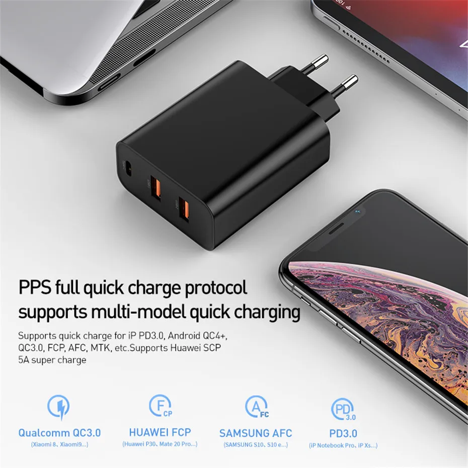 Baseus 3 порта USB PD зарядное устройство 60 Вт для iPhone 11 Pro Xs Max XR быстрое зарядное устройство для телефона Quick Charge 4,0 3,0 FCP SCP для Xiaomi huawei
