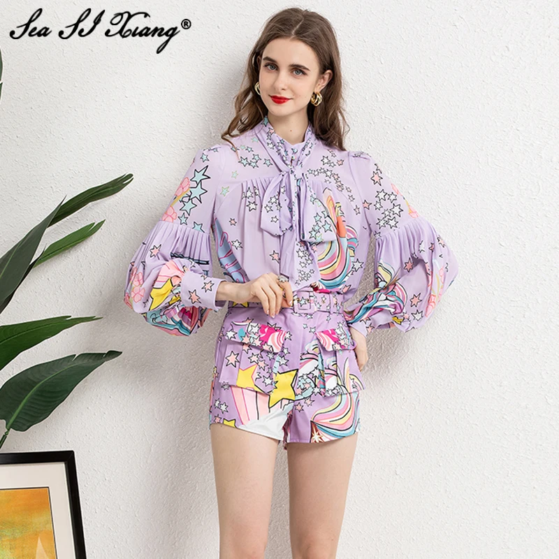 

Женский Дизайнерский Костюм Seasixiang, летняя однобортная рубашка с рукавами-фонариками и шорты с поясом, комплект из двух предметов с геометри...