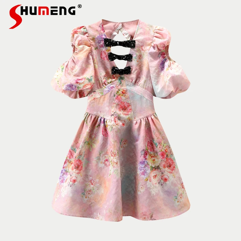 

2021 Summer New Women's Floral Print French Style Graceful Above Knee Dress Ladies Fashion Puff Sleeve V-neck Fairy Mini Dress