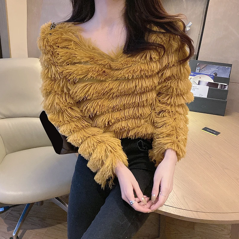 Gaganight модная женская футболка с кисточками длинным рукавом и v-образным вырезом