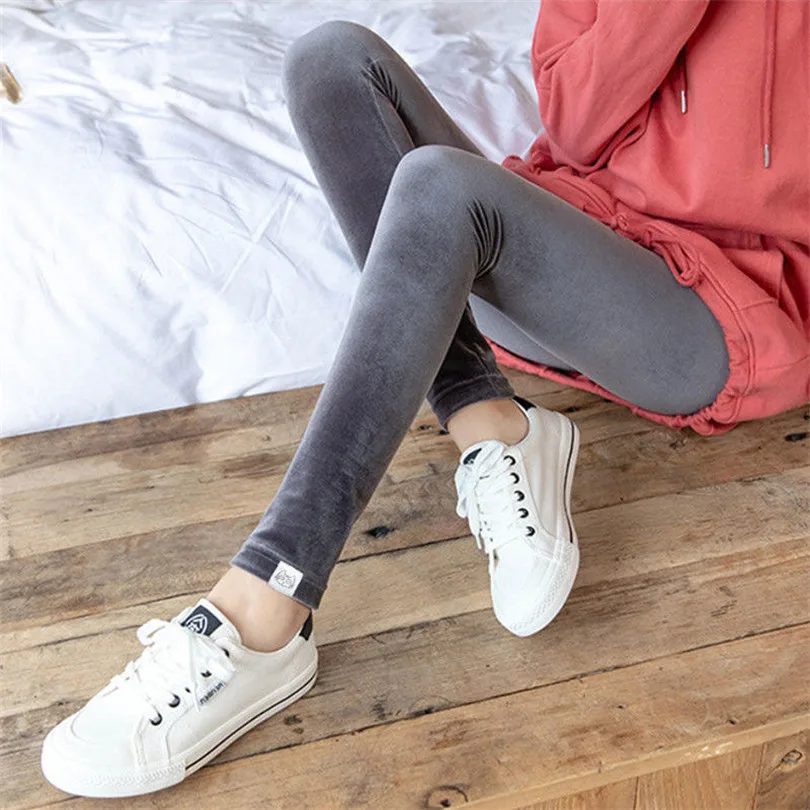 

VISNXGI Thick Velvet Leggings Women High Waist Warm Casual Pants Slim Elasticity Ankle-Length Fashion Stretchy Black Soft Bottom
