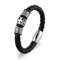 new stainless steel magnet clasp bracelet personality mens cross holy sword knight braided leather cord bracelets