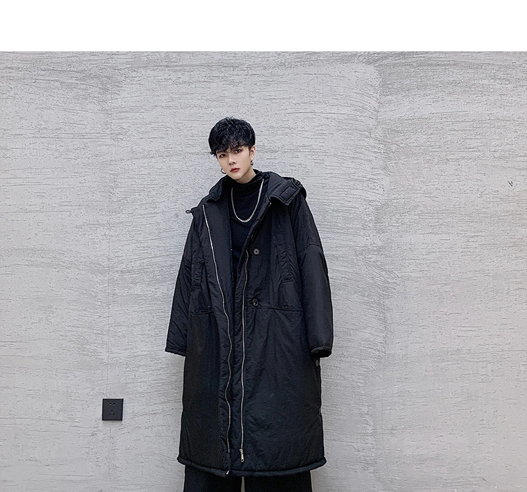 Men Winter Long Loose Hooded Parka Jacket Overcoat Male Japan Street Dark Black Cotton Padded Thick Coat Outerwear