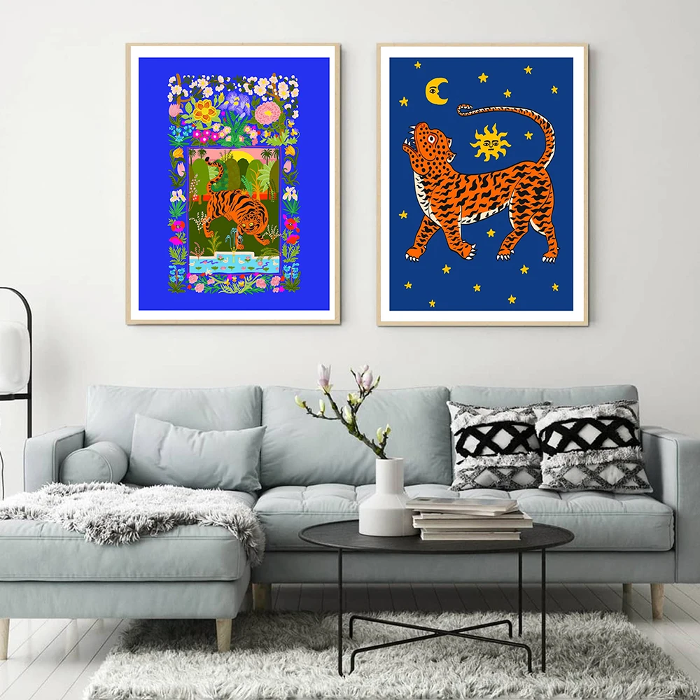

Blue Yellow Poster Cartoon Animal Canvas Painting Pink Tiger Tarot Art Print Stars Kid Wall Picture For Living Room Home Decor