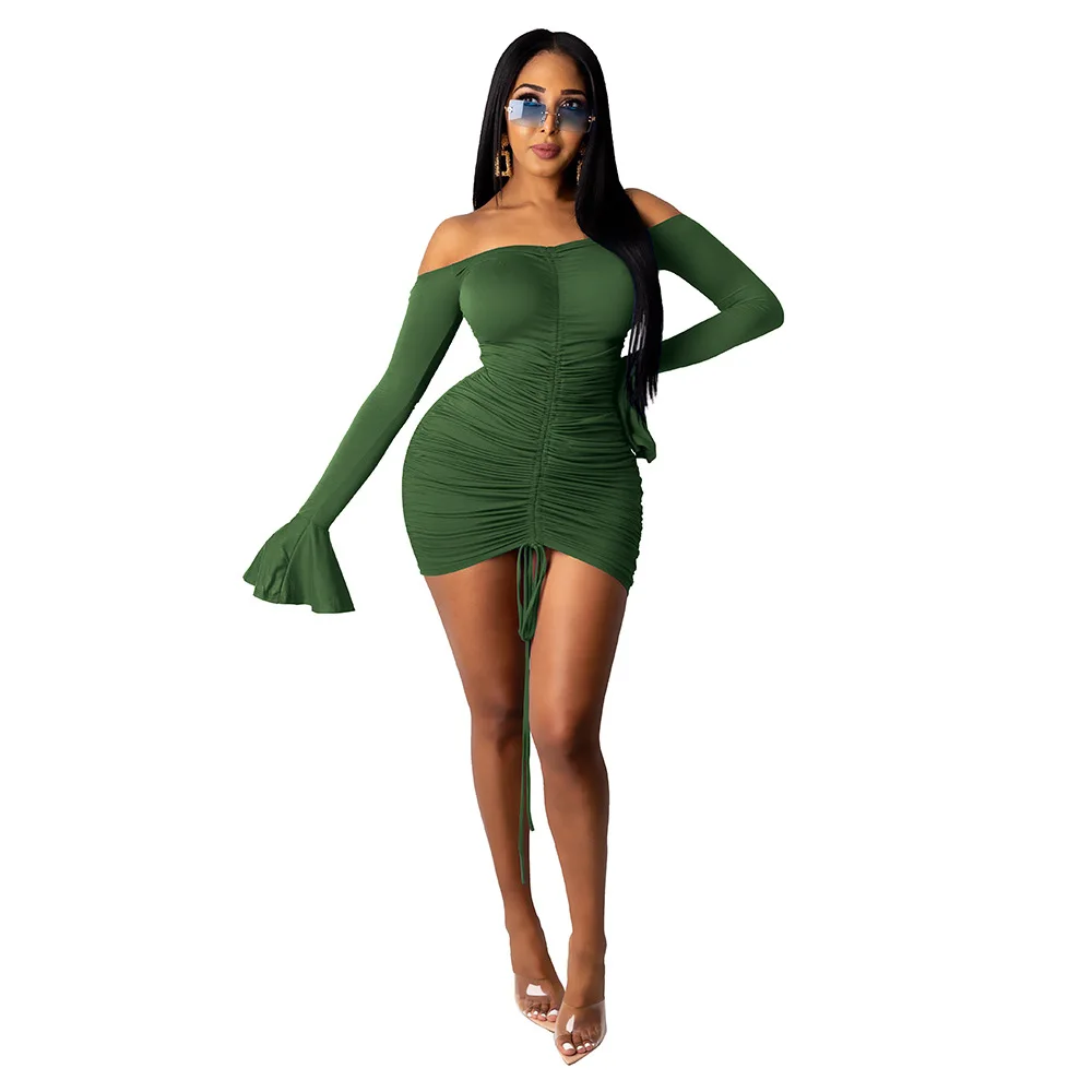 

Flare Long Sleeve Skinny Bodycon Drawstring Ribbed Off Shoulder Dresses Night Clubwear Women Mini Dress Spring Sexy Hot 2021