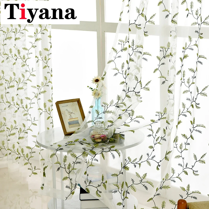 Американская пасторальная вуаль занавески с свежими вышитыми листьями