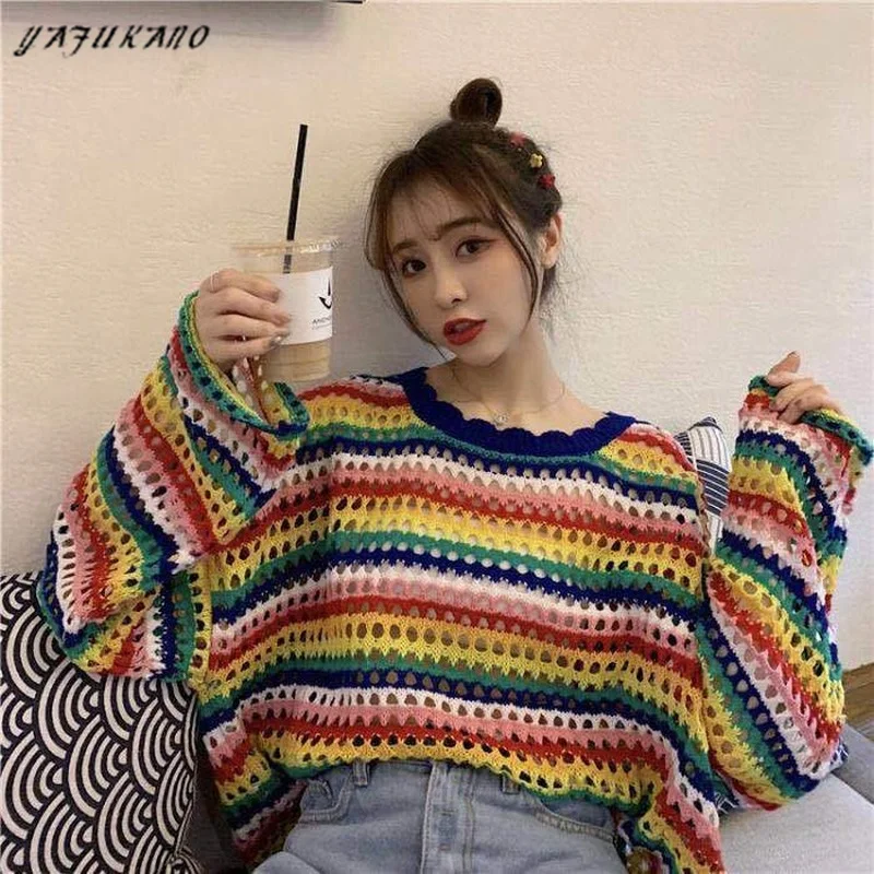 Rainbow Women Sweetshirts Vintage Mesh Clothes Cute Knitted Top Oversize Long Sleeve Aesthetic Pullover Korean Fashion