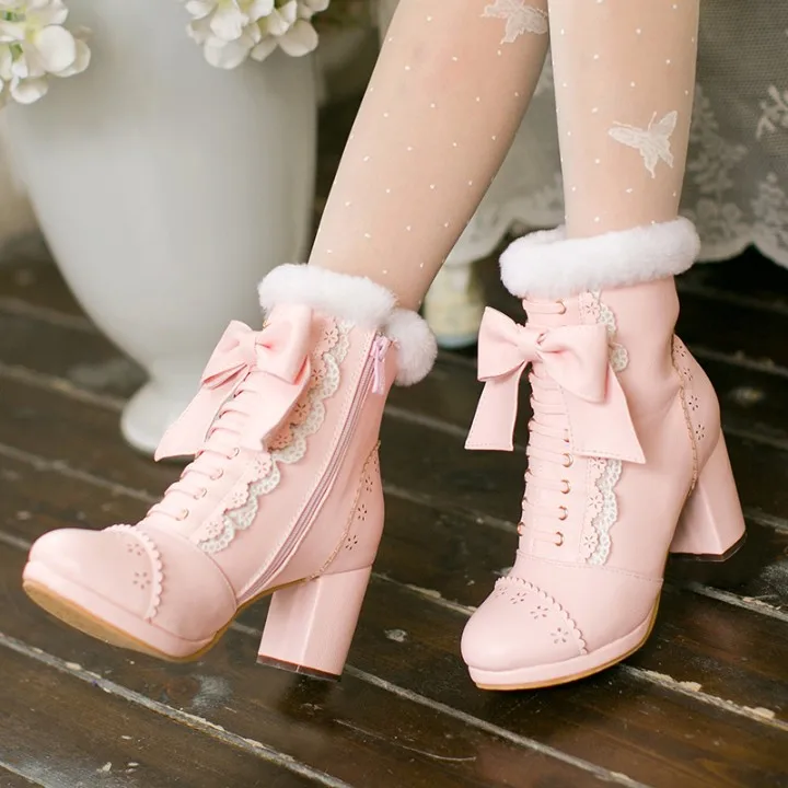 Plus Size 40 Lolita Shoes Woman Ankle Boots Sweet Lace Bow Princess Snow Boots Fashion Side Zipper Platform Thick High Heel Boot