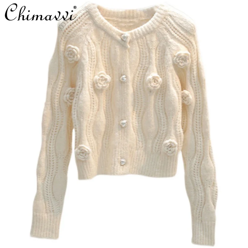 

Flower Long Sleeve Sweater Coat Women's Autumn Winter Outer Wear Knitted Casual Cardigan Female White Crop Top Cardigan