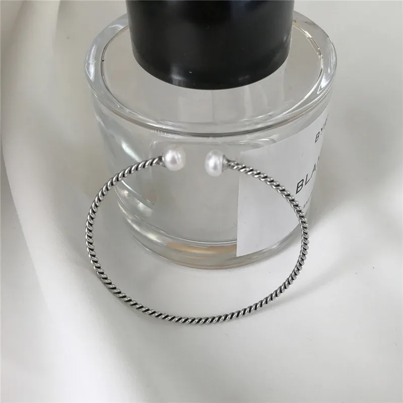 

RUIYI Real 925 Sterling Silver Double Pearl Twisting Curve Chic Bracelets Women Vintage Distressed Handmade Weaving Open Bangles