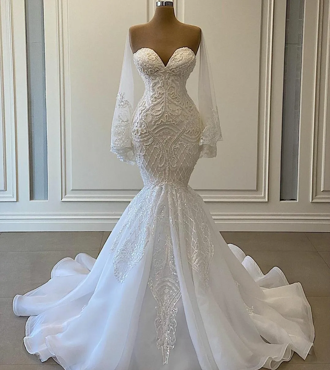 

2021 Elegant White Mermaid Wedding Dresses Long Sleeves Beads Lace Applique Bridal Gowns Nigerian Arabic Robe De Mariage