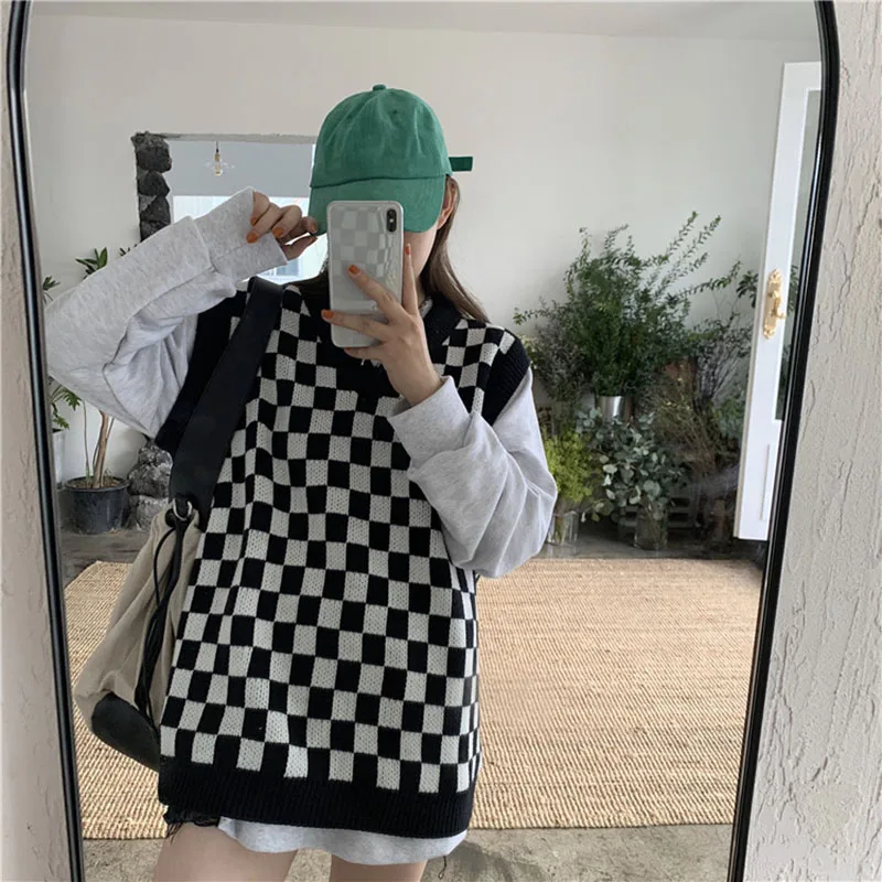 

Женский шикарный винтажный клетчатый свитер с V-образным вырезом, женские вязаные пуловеры без рукавов, свитеры для студентов в стиле Харад...