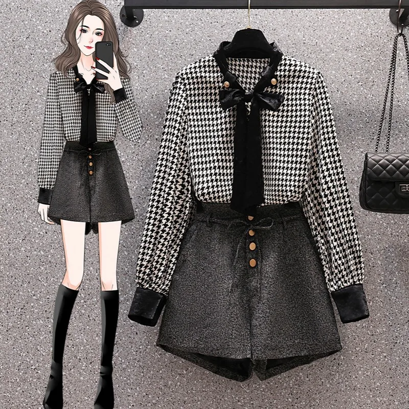 

Модная женская рубашка с длинным рукавом для полных девушек большого размера на осень 2021, однотонные шорты, костюм из двух предметов, женска...