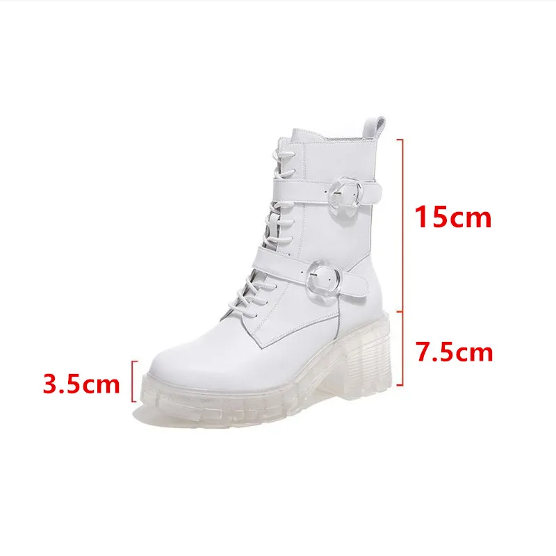 Модные черные кожаные женские ботинки короткие с круглым носком на толстом