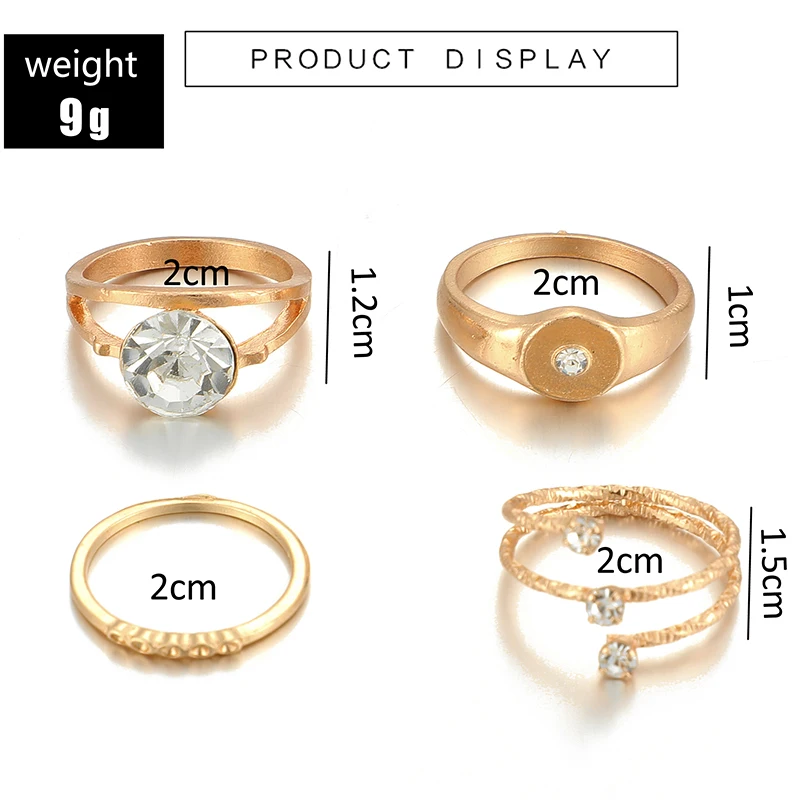 Tocona Bohemian 4pcs/sets Gold Rings for Women Men Fashion Clear Crystal Stone Simple Jewelry Accessories Drop Shipping 9417 | Украшения и