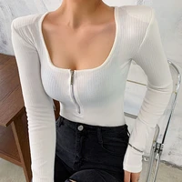 white women t shirt 2021 autumn winter sexy fashion square collar shoulder padded long sleeve base t shirt for women
