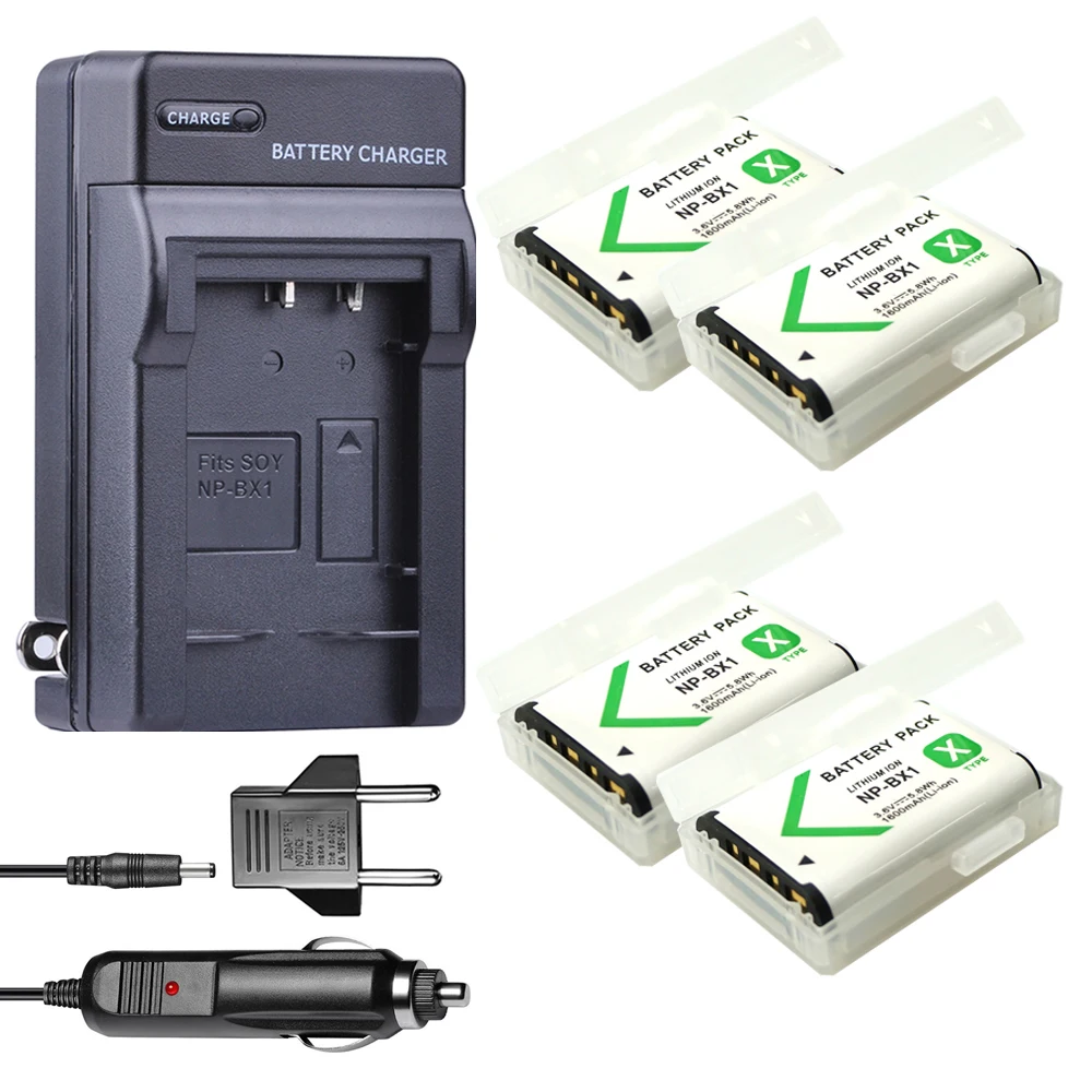 4 аккумулятора и зарядное устройство для автомобиля с европейской вилкой |