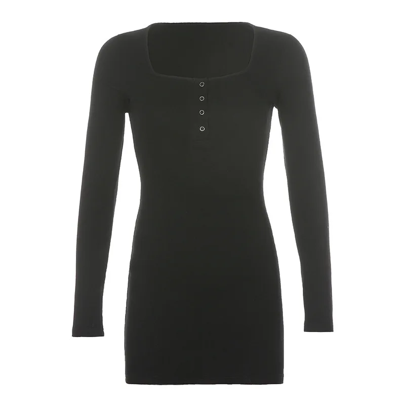 

YYXZ Autumn Fashion Cute Slim Sexy Solid Color Single-breasted SML Long Sleeve Square Neck Woman Casual Dress Lady Sheath Dress