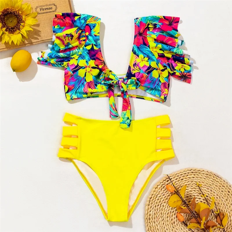 

High Waist Bikini Lotus Leaf Split Swimsuit Ladies Print Bikini Seaside Beach Split Swimsuit Comfortable Floral Beach Swimwear