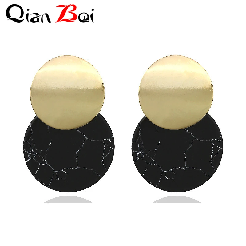 QianBei серьги Whtie трендовые черные двойные круглые 1 пара мрамор натуральные камни