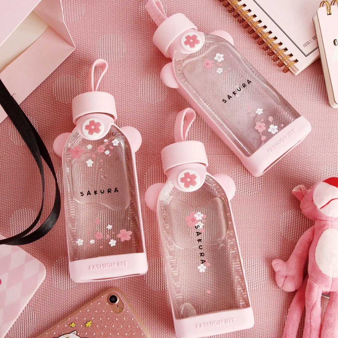 

350ml Glass Water Bottle Cherry Blossom Pattern Creative Transparent Fresh Cute girl Heart Portable Sports Outdoor Glass Cup
